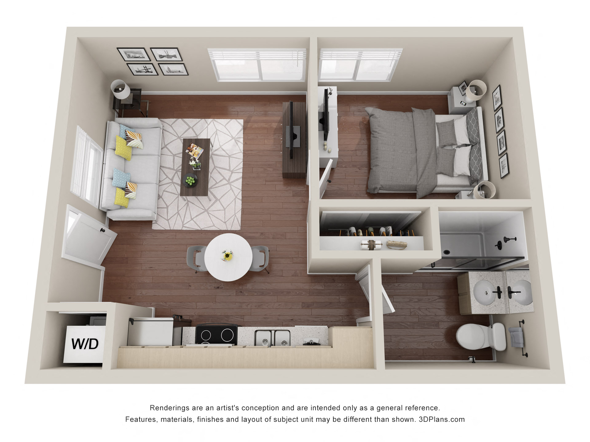 Floor plan for 1 bed, 1 bath, 437 sqft